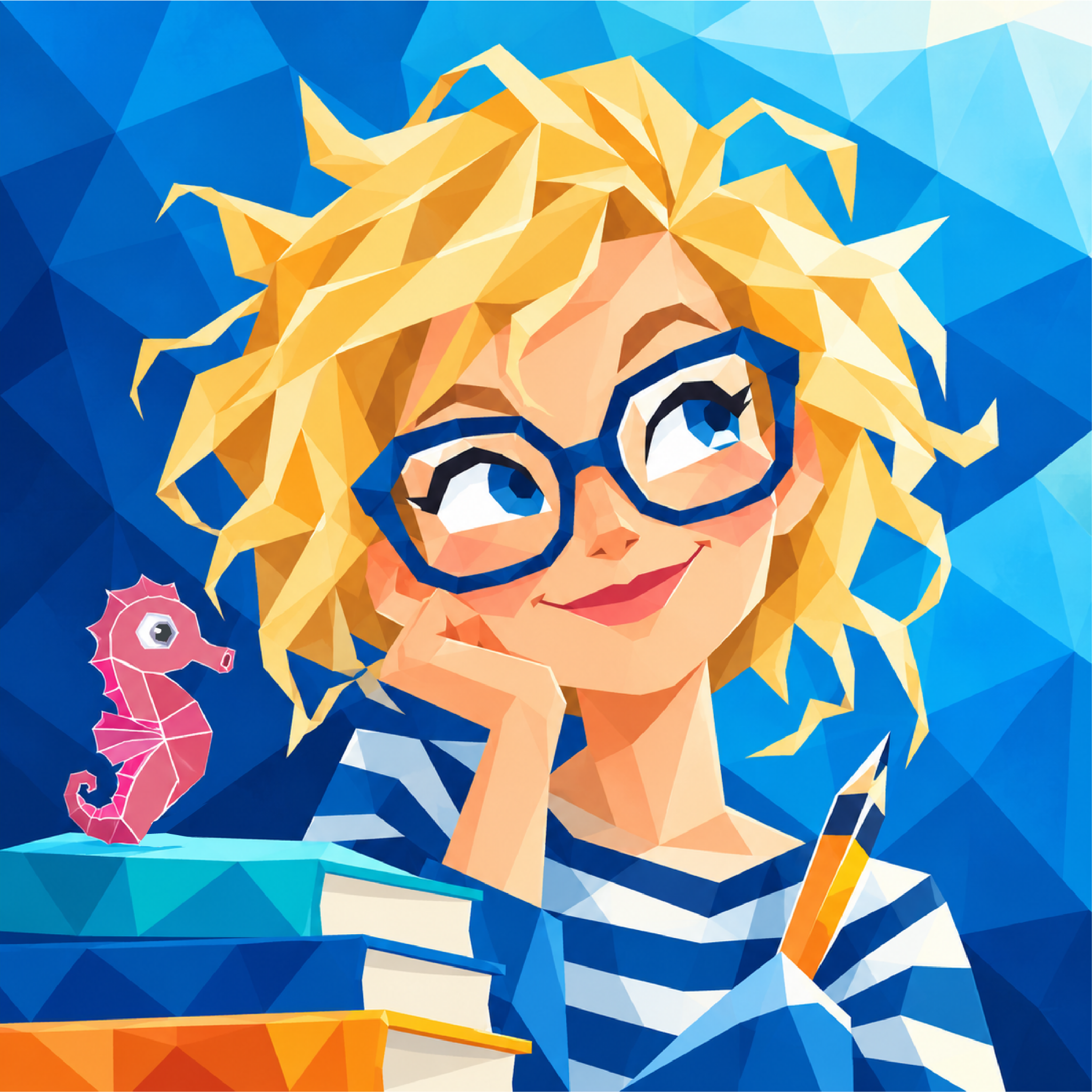 Geometric illustrated portrait of Critchly Witchly with playful glasses and a pink seahorse