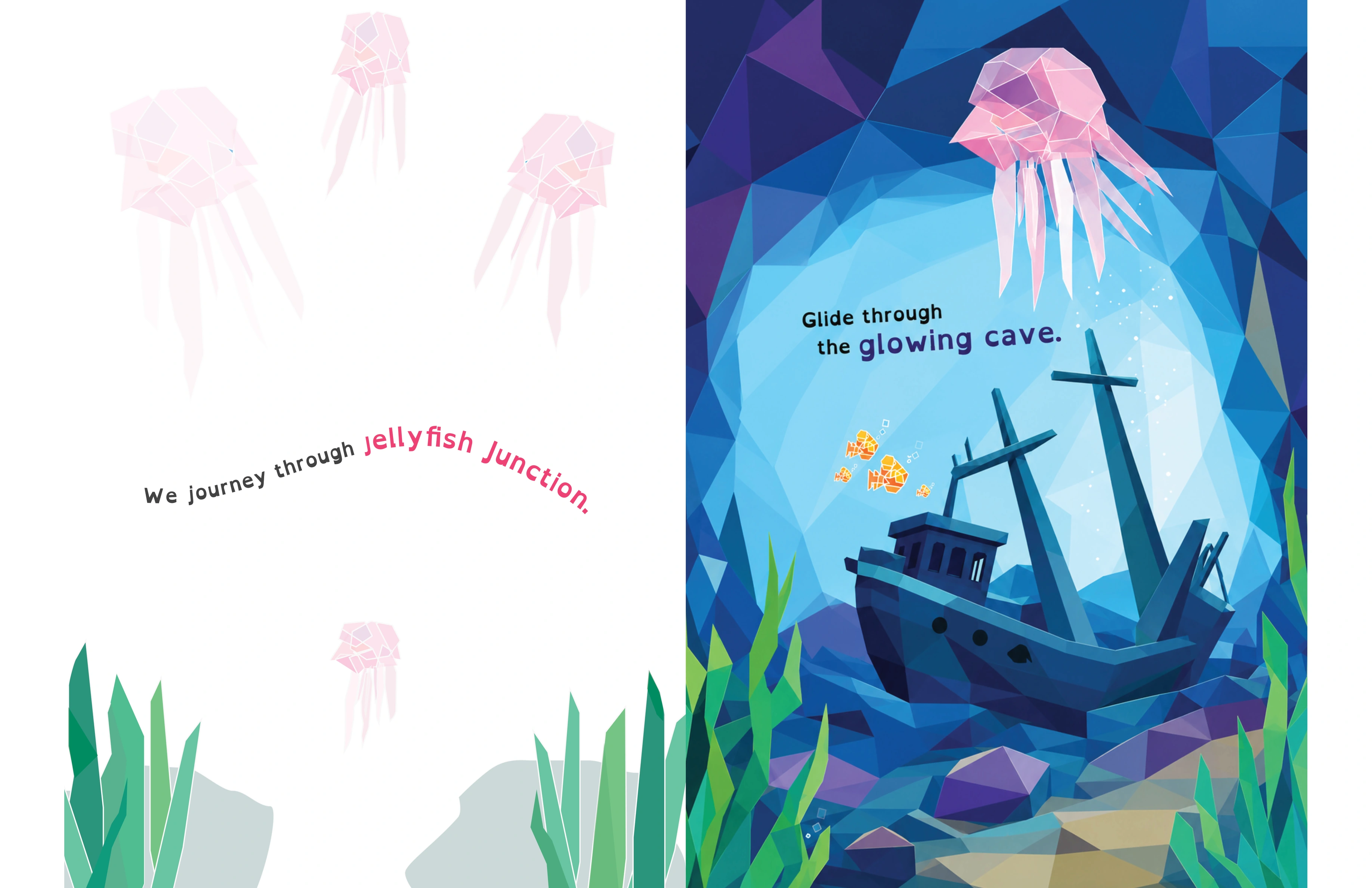 Two-page spread showing Jellyfish Junction beside the glowing cave and sunken ship