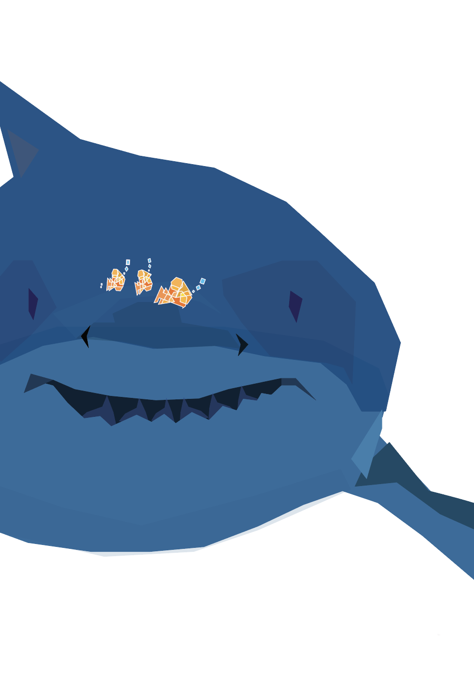 Large blue geometric shark with tiny orange Fubble Fish