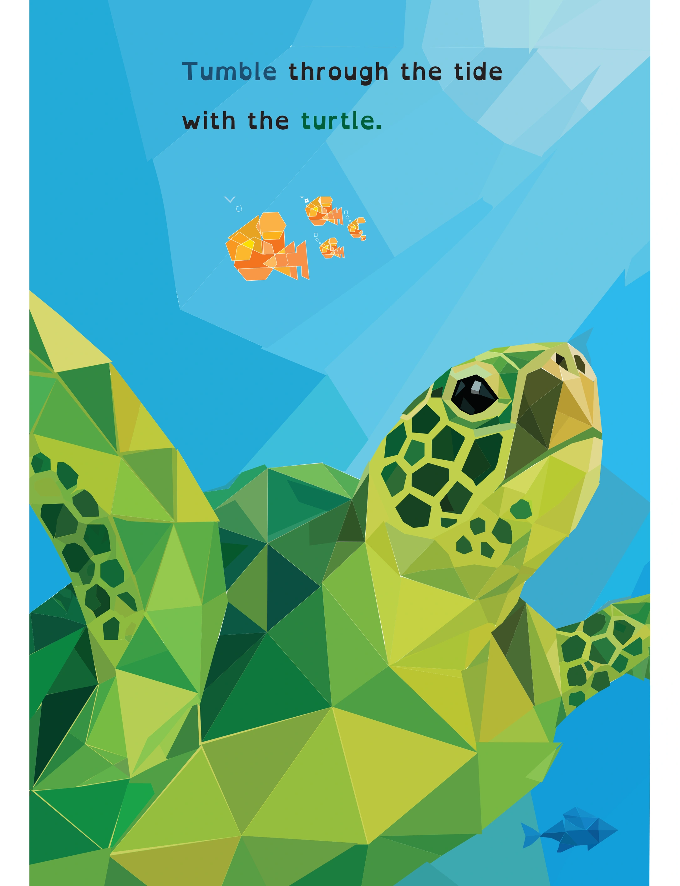 Large green geometric turtle beside the tiny orange Fubble Fish