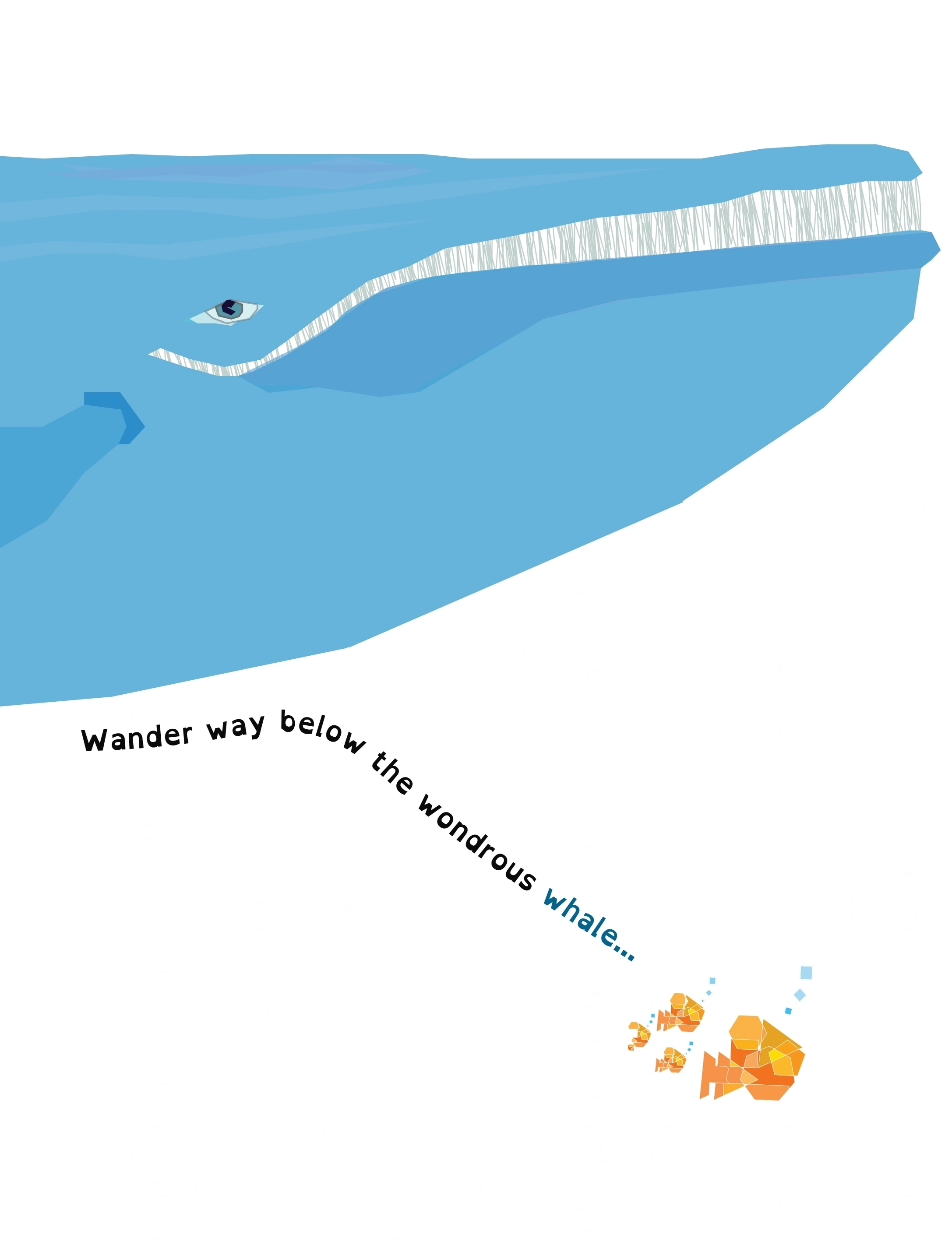 Tiny orange Fubble Fish swim beneath an enormous geometric blue whale while the words curve across the page