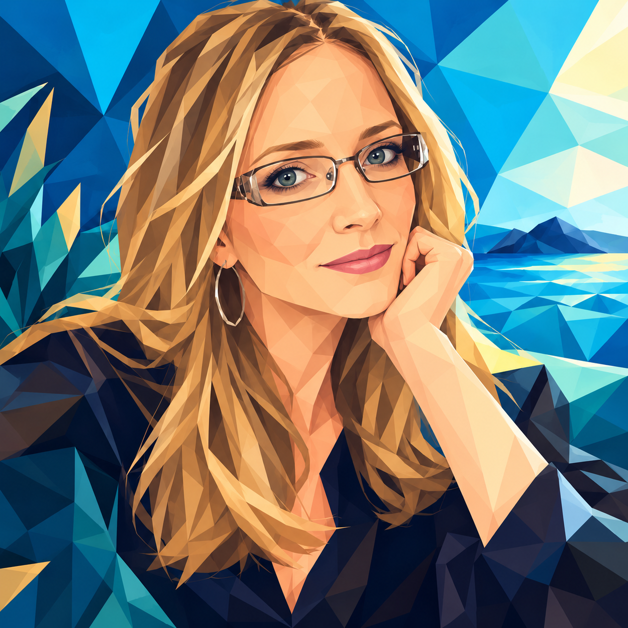 Geometric illustrated portrait of Rachel A. R. Shaw against a blue ocean background